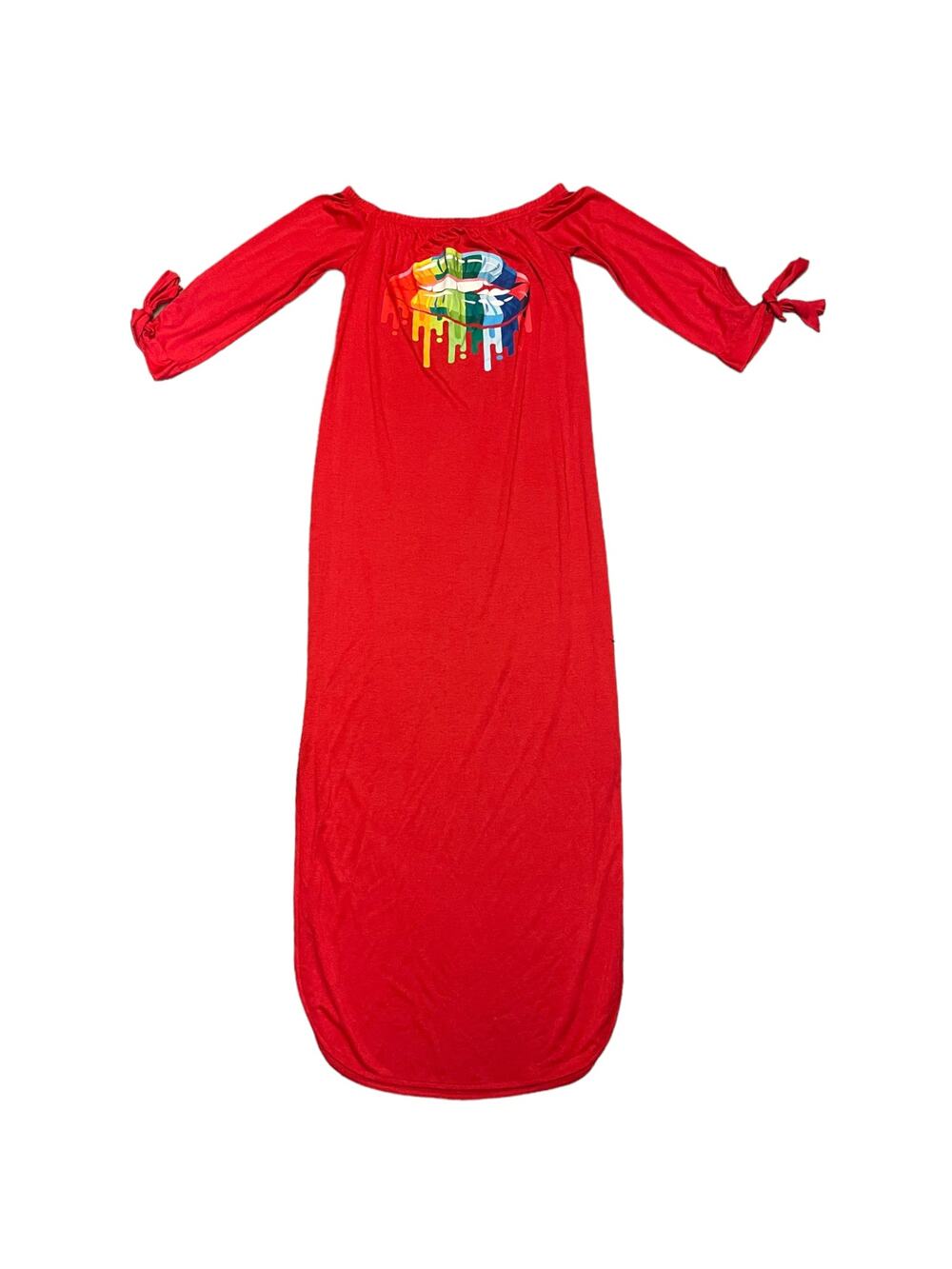Red Rainbow Lips Off Shoulder Maxi Dress Size Medium